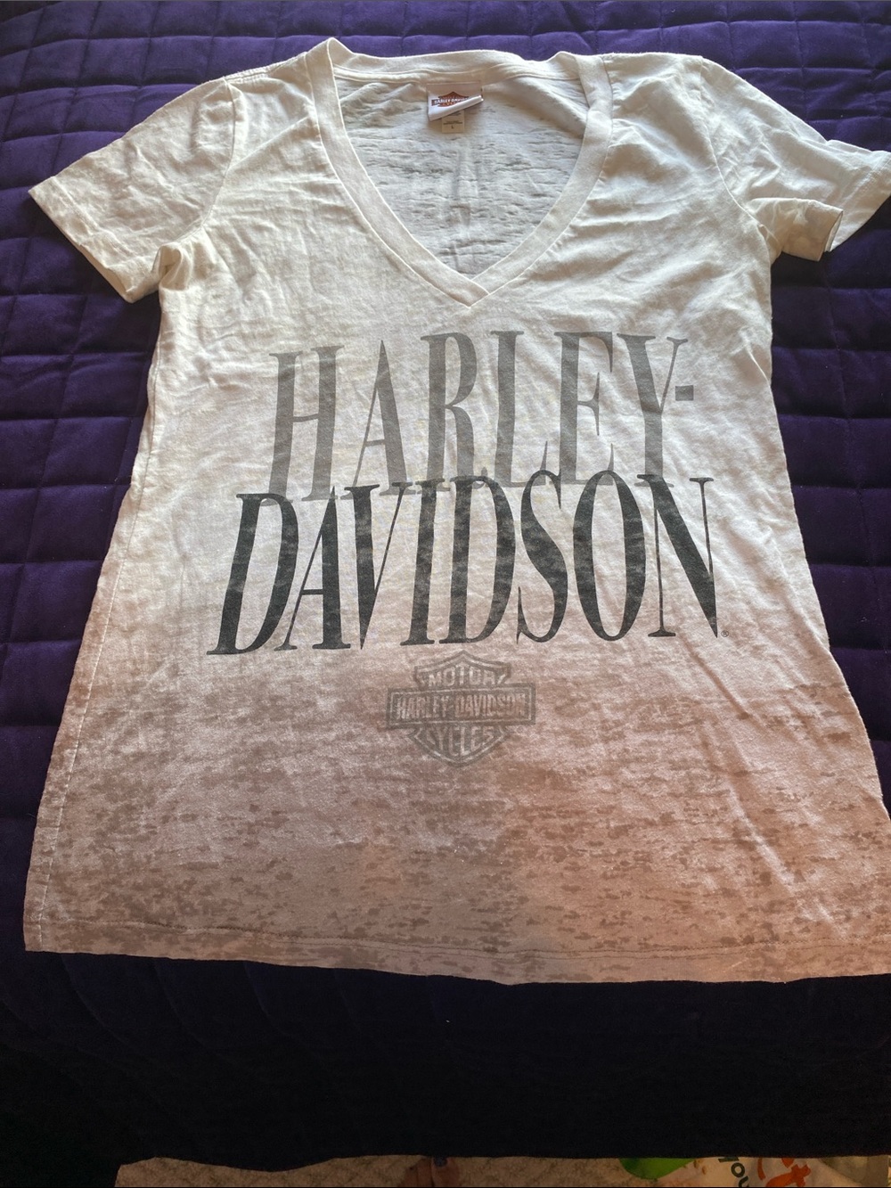 Harley-Davidson White V-Neck Logo Tee with Gray Print